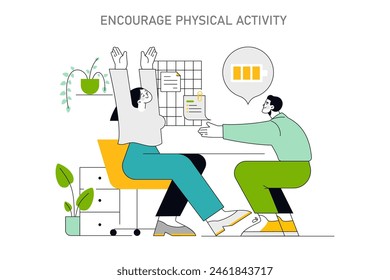 Employee Well-being concept. Illustration depicts active break for office workers, promoting health with simple desk exercises. Vector illustration.