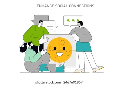 Employee well-being concept. Illustration emphasizes teamwork in completing a puzzle, symbolizing enhanced social connections at work. Vector illustration.