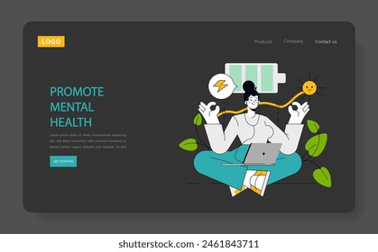 Employee well-being concept. Illustration portrays a serene work environment with a focus on mental health, including mindfulness and energy balance. Vector illustration.