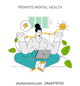 Concepto de bienestar del empleado. Ilustración retrata un ambiente de trabajo sereno con un enfoque en la salud mental, incluyendo la atención plena y el equilibrio de energía. Ilustración vectorial.