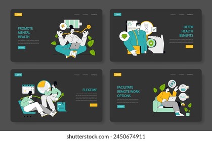 Employee Well-being concept. Showcases mental health support, comprehensive health benefits, work-life balance through flextime, and remote working solutions. Vector illustration svg
