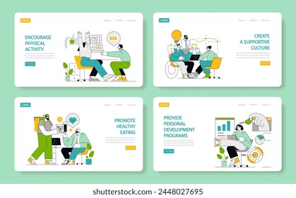 Employee Well-being concept. Vibrant scenes of workplace wellness, from promoting physical activity to fostering a support system and encouraging healthy eating habits. Vector illustration.