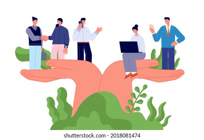 Employee wellbeing. Corporate protection, benefits caring business people. Giant hands holding tiny workers, professional care utter vector concept