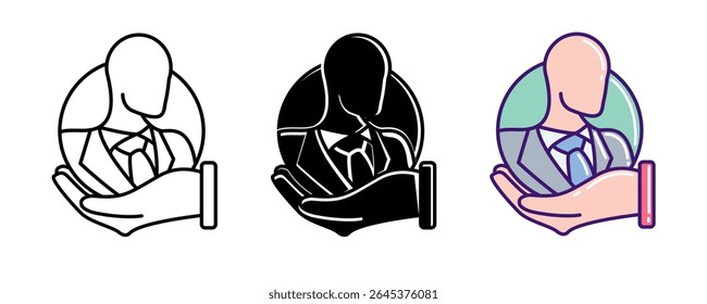 Employee Wellbeing icon represented by employee on hand Line, Filled, Color style.