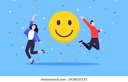 Bienestar de los empleados y emociones positivas actitud concepto de negocio estilo plano ilustración vectorial. La gente de negocios salta con emoticonos positivos. Humor feliz, comentarios de satisfacción del cliente en el lugar de trabajo