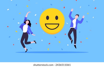 Bienestar de los empleados y emociones positivas actitud concepto de negocio estilo plano ilustración vectorial. La gente de negocios salta con emoticonos positivos. Humor feliz, comentarios de satisfacción del cliente en el lugar de trabajo