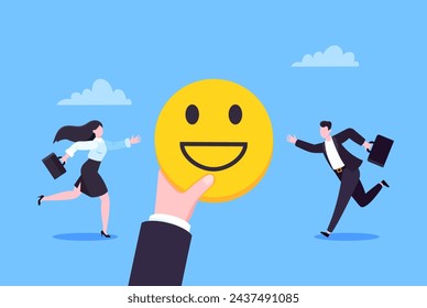 Bienestar de los empleados y emociones positivas actitud concepto de negocio estilo plano ilustración vectorial. La gente de negocios corre hacia los emoticonos positivos. Humor feliz, comentarios de satisfacción del cliente en el lugar de trabajo