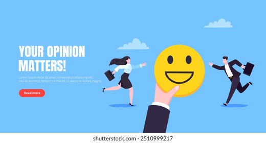 Employee wellbeing and positive emotions attitude business concept flat style vector illustration. Business people jump in with positive emoticons.