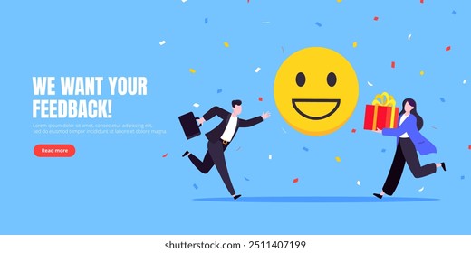 Bem-estar do funcionário e emoções positivas atitude conceito de negócios estilo plano ilustração vetor. Empresários pulam com emoticons positivos