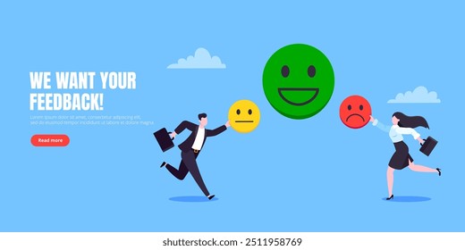 Bem-estar do funcionário e emoções positivas atitude conceito de negócios estilo plano ilustração vetor. Empresários pulam com emoticons positivos