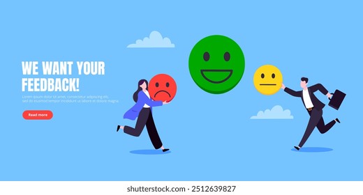 Bem-estar do funcionário e emoções positivas atitude conceito de negócios estilo plano ilustração vetor. Empresários pulam com emoticons positivos