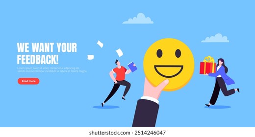 Employee wellbeing and positive emotions attitude business concept flat style vector illustration. Business people jump in with positive emoticons.