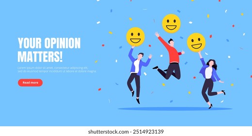 Employee wellbeing and positive emotions attitude business concept flat style vector illustration. Business people jump in with positive emoticons. Happy mood, workplace customer satisfaction feedback