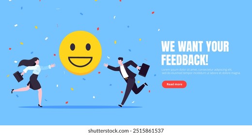 Employee wellbeing and positive emotions attitude business concept flat style vector illustration. Business people jump in with positive emoticons.