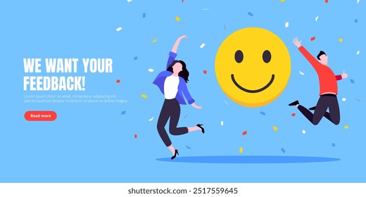 Employee wellbeing and positive emotions attitude business concept flat style vector illustration. Business people jump in with positive emoticons. Happy mood, workplace customer satisfaction feedback