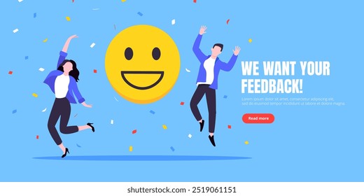 Employee wellbeing and positive emotions attitude business concept flat style vector illustration. Business people jump in with positive emoticons. Happy mood, workplace customer satisfaction feedback