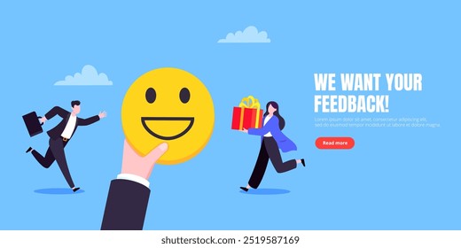 Employee wellbeing and positive emotions attitude business concept flat style vector illustration. Business people jump in with positive emoticons.