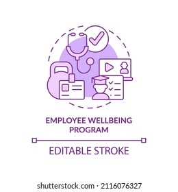 Employee wellbeing program purple concept icon. Fitness classes. Employee engagement abstract idea thin line illustration. Isolated outline drawing. Editable stroke. Arial, Myriad Pro-Bold fonts used