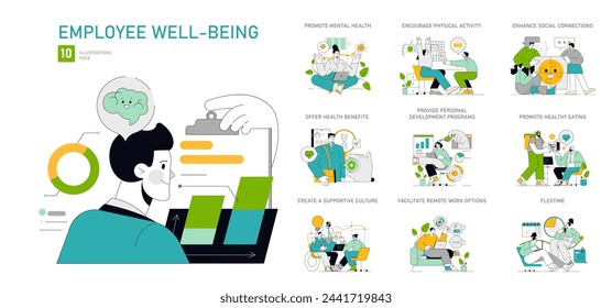 Bienestar de los empleados establecido. Un enfoque holístico de la salud del personal. Representación del bienestar mental, social y físico. Cultura de trabajo de apoyo, opciones remotas, horario flexible. Ilustración vectorial.