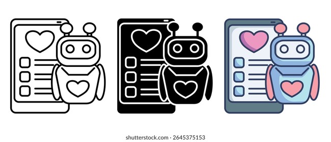 Employee wellness AI icon represented by cheklist and heart in smartphone, robot Line, Filled, Color style.