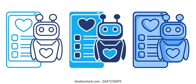 Employee wellness AI icon represented by cheklist and heart in smartphone, robot Blue, Dualline, Dualtone style.