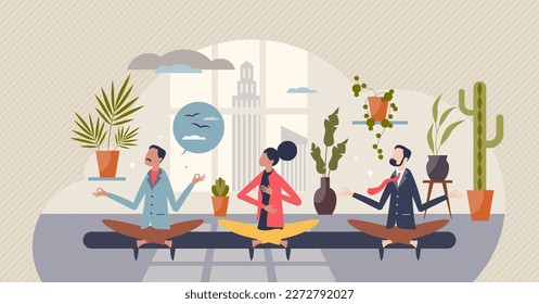 Employee wellness program or company stress free activity tiny person concept. Yoga or meditation in workplace or office for worker satisfaction, health, productivity and harmony vector illustration. svg