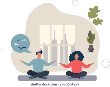 Employee wellness program or company stress free activity.Yoga or meditation in workplace or office for worker satisfaction, health.flat vector illustration