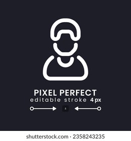 Employee white linear desktop icon on black. Personal account. Team member. Project manager. Human resources. Pixel perfect, outline 4px. Isolated user interface symbol for dark theme. Editable stroke