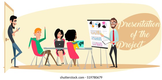 The employee will present a project to imporove the work and the rest of the team, he listens and asks questions. Cartoon.