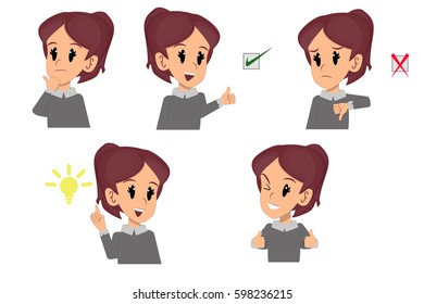 Employee woman faces in the process of solving problems and creating ideas