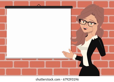 Employee women shows enthusiasm for new job opportunity in white poster to fill out. job vacancy. Office meeting. brick wall.