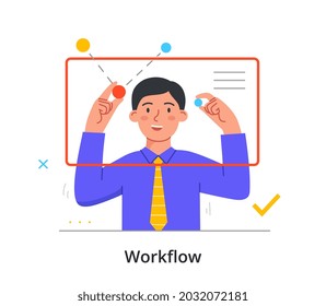 Employee at work concept. Man plots graph on transparent digital screen. Metaphor for workflow and development of development strategy. Cartoon flat vector illustration isolated on white background