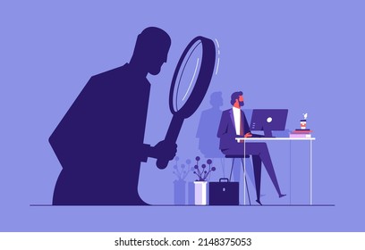 Employee work is monitored or online stalking concept, person sitting on a computer in his office while a stalker is watching him from the shadow without being noticed