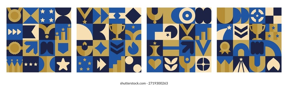 Employee work mosaic with appreciation trophy and office day pattern set. Promotional materials for workplace appreciation campaigns.