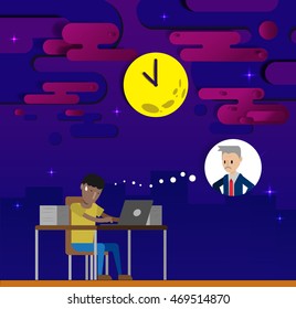 Employee work overtime with paper art background and moon clock vector illustration