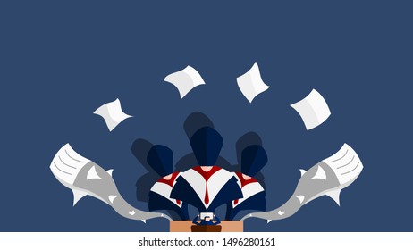 Employee work under the pressure and surrounded by his bosses. 