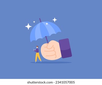 employee or worker insurance. health and employment insurance. support and protection from the boss. The boss's hand covers his employees. bosses and workers. flat illustration design concept. vector 