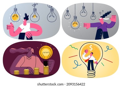 Employee or worker with lightbulb generate business idea or plan for financial success. Businesspeople develop successful project or startup launch. Vector illustration, cartoon character. Set.