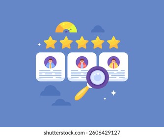 employee or worker recruitment concept. analyzing and selecting worker candidates. hiring people to work. illustration of a magnifying glass with information about potential job applicants. flat style