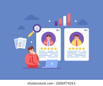 employee or worker recruitment concept. analyzing and selecting job candidates. hiring people to work. illustration of hr staff viewing information about job applicants. flat style design. elements