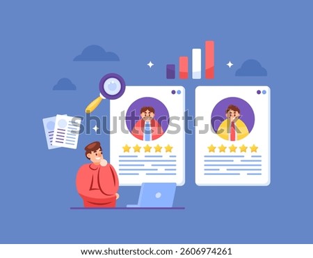 employee or worker recruitment concept. analyzing and selecting job candidates. hiring people to work. illustration of hr staff viewing information about job applicants. flat style design. elements