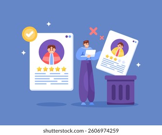 employee or worker recruitment concept. disqualifying and selecting job candidates. eliminating job applicants. illustration of hr staff throwing information about bad job applicants into the trash