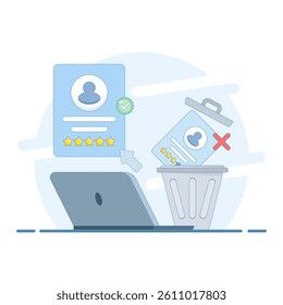 employee or worker recruitment concept. eliminating job applicants. disqualifying and selecting job candidates. HR staff throws information about bad job applicants into the trash. flat illustration.