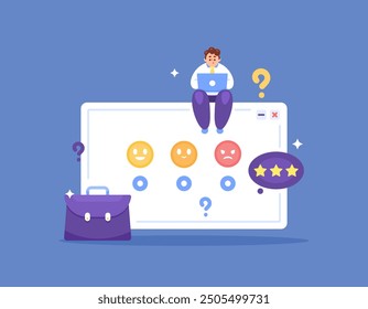employee and worker survey concept. job satisfaction level assessment and voting. questionnaire and feedback. illustration of a male staff giving assessment and reaction. flat style design. elements