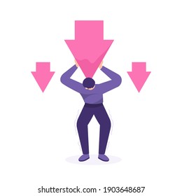 an employee or worker tries to block the down arrow. the concept of work pressure, going bankrupt, trying to get up, going down. flat style. business vector. design elements