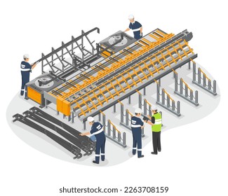 Employee Worker working on Big Danger Machine on factory worksite and inspection safty engineer inspecting industrial steel bar manufacturing Risky job concept illustration isometric isolated vector