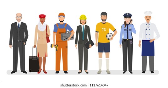 Employee and workers characters standing together. Group of seven people with different occupation. Employment and labor day banner. Vector illustration.