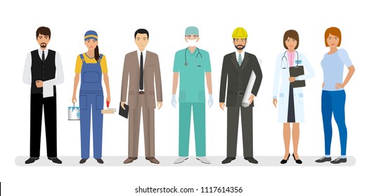 Employee and workers characters standing together. Group of seven people with different occupation including baker chief and nurse. Employment and labor day banner. Vector illustration.