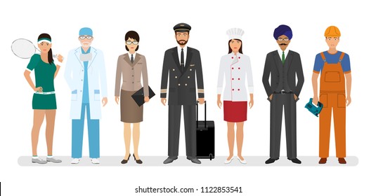 Employee and workers characters standing together with chef, sportsman and pilot. Group of seven people with different occupation. Employment and labor day banner. Vector illustration.