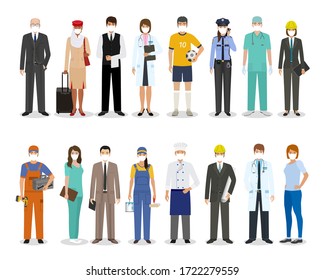 Employee and workers characters together wearing protective edical mask for prevent virus covid-19. Employment and labor day banner. Group of people with different occupation. Vector illustration.